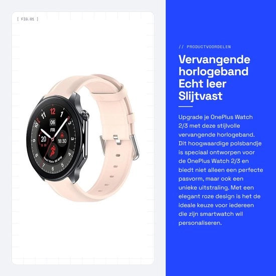 Cinturino di ricambio per orologio - Pelle vera - Resistentente e traspirante - Rosa - Cinturino per OnePlus Watch 2/3 - Stile e comodità