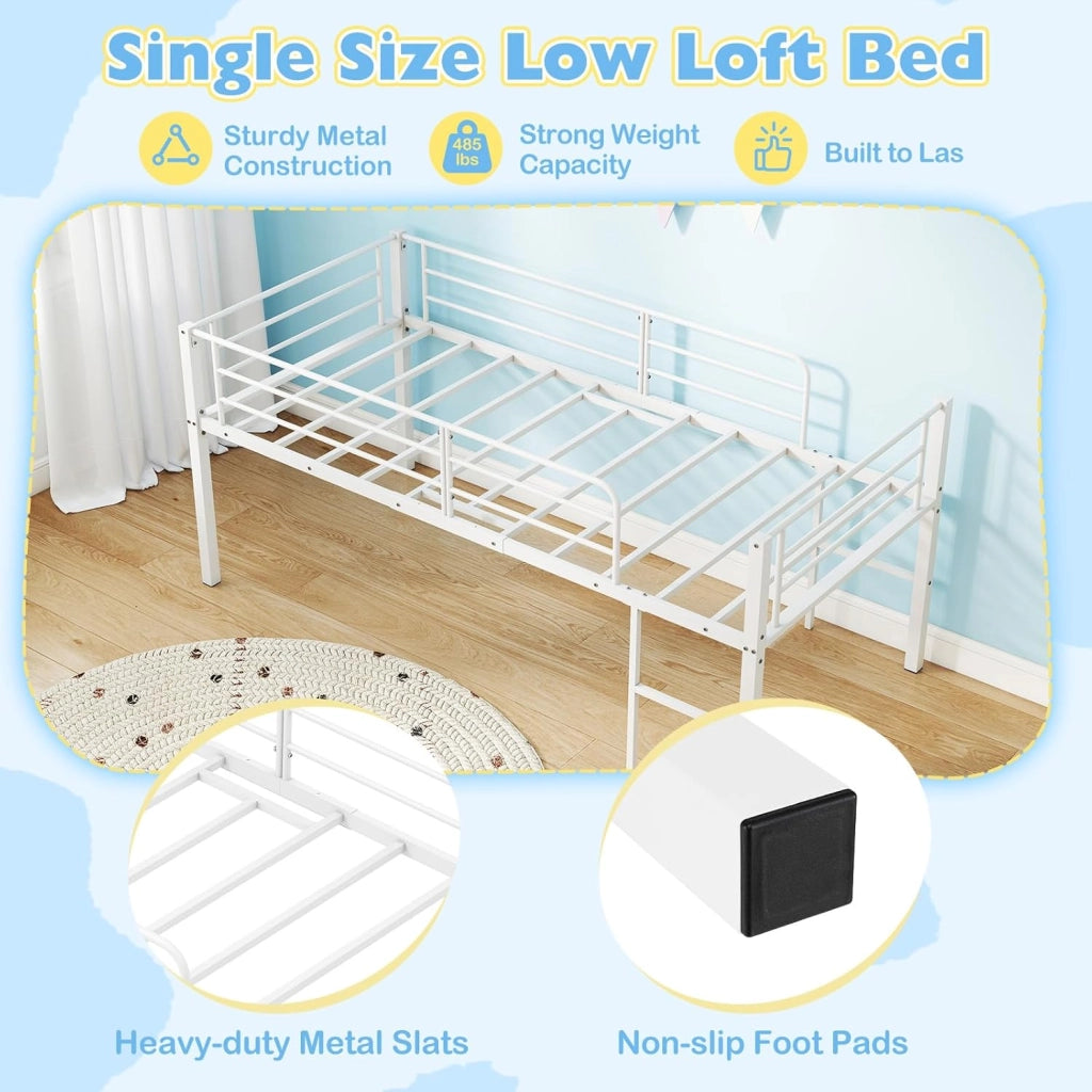 Letto a Castello in Metallo, Letto per Bambini con Protezione Anticaduta e Scala su Entrambi i Lati, Letto per Ragazzi con Rete a Doghe e Ampio Spazio Giochi/Ripostiglio sotto Letto (Bianco)