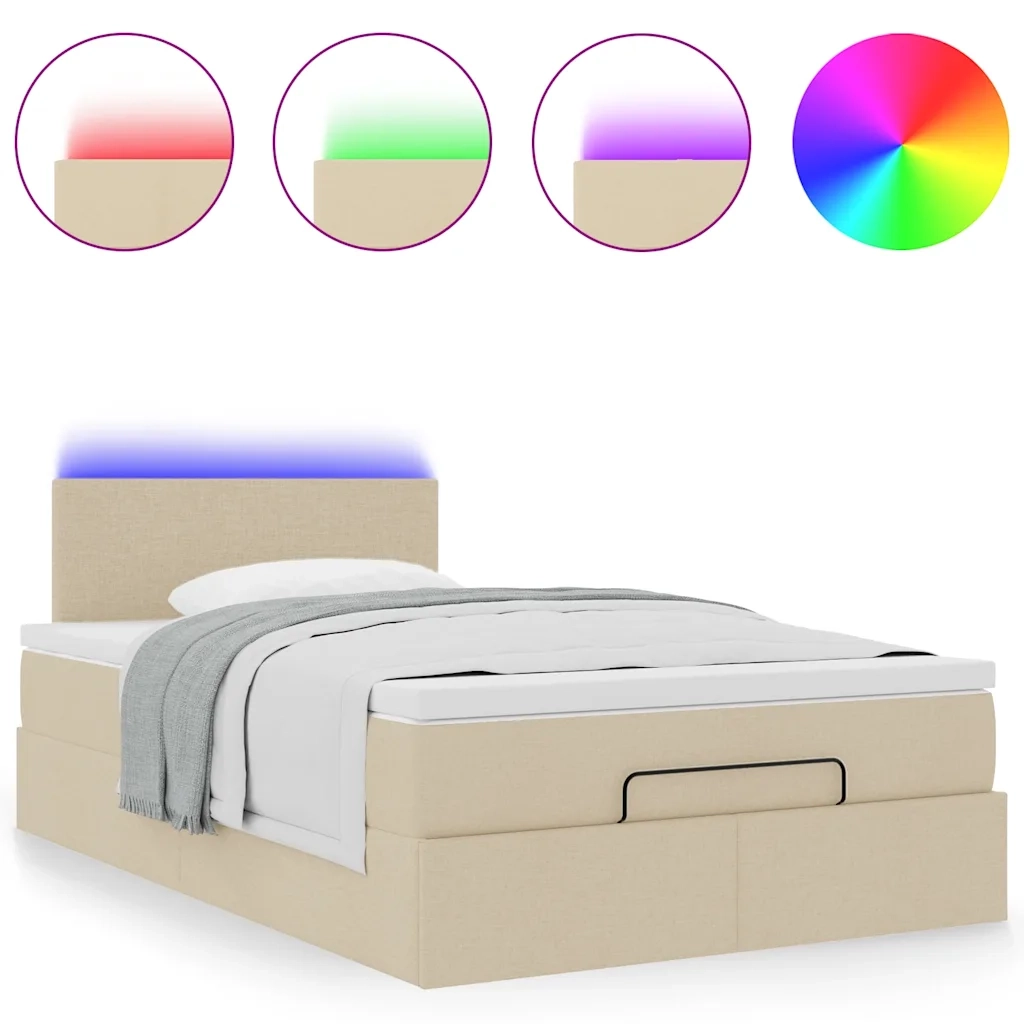 Pouf Letto con Materasso e LED Crema 120x190cm in Tessuto
