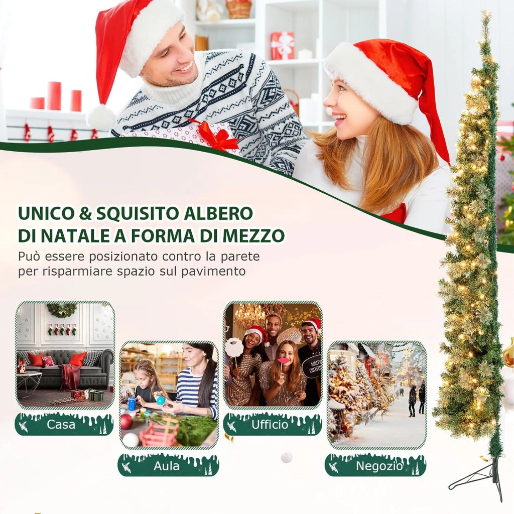 Albero di Natale Mezzo 210 CM, Albero di Natale Artificiale Metà con 150 Luci LED Incorporate, 403 Rami in PVC e Base Pieghevole in Metallo da Casa, Ufficio e Negozio