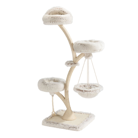 Fudajo Albero tiragraffi per gatti di design con 2 cucce, 1 nicchia, 1 amaca, Ø 59 cm, altezza 169 cm, portata max. 15 kg, beige con sisal e peluche, colonna e piattaforme