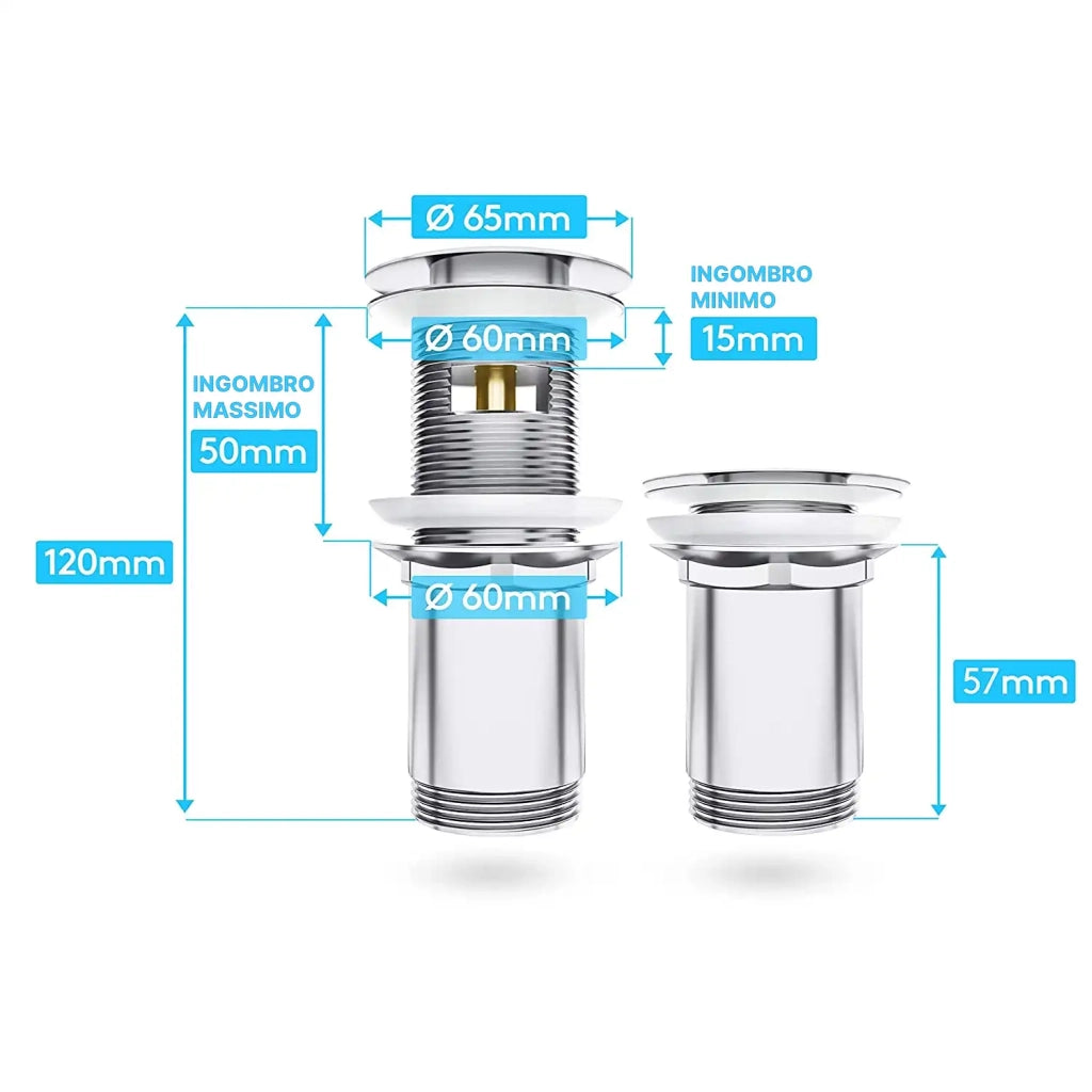 Piletta di scarico click-clack universale per lavabo e bidet con troppo pieno | Vajont