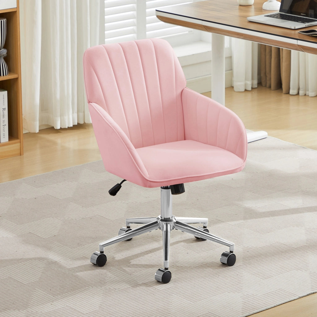 Sedia da ufficio girevole ergonomica con altezza regolabile seduta imbottita e ruote in velluto rosa per casa e studio