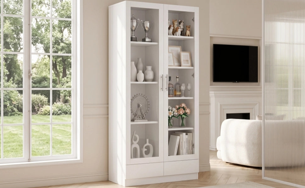 Vetrina con ante in vetro e 2 cassetti, 9 vani e ripiani, per soggiorno e ufficio, bianco, 80 × 40 × 160 cm