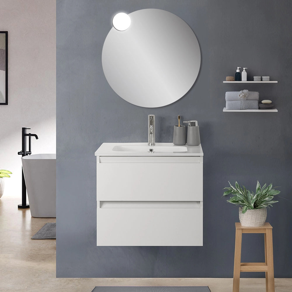 Mobile bagno sospeso 60cm in legno bianco lucido 2 cassettoni con lavabo e specchio Leda