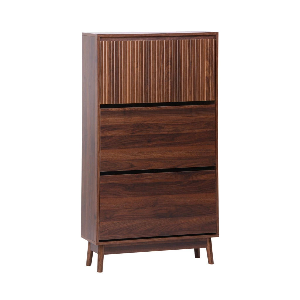 Scarpiera con decoro in legno naturale, 3 ante, noce