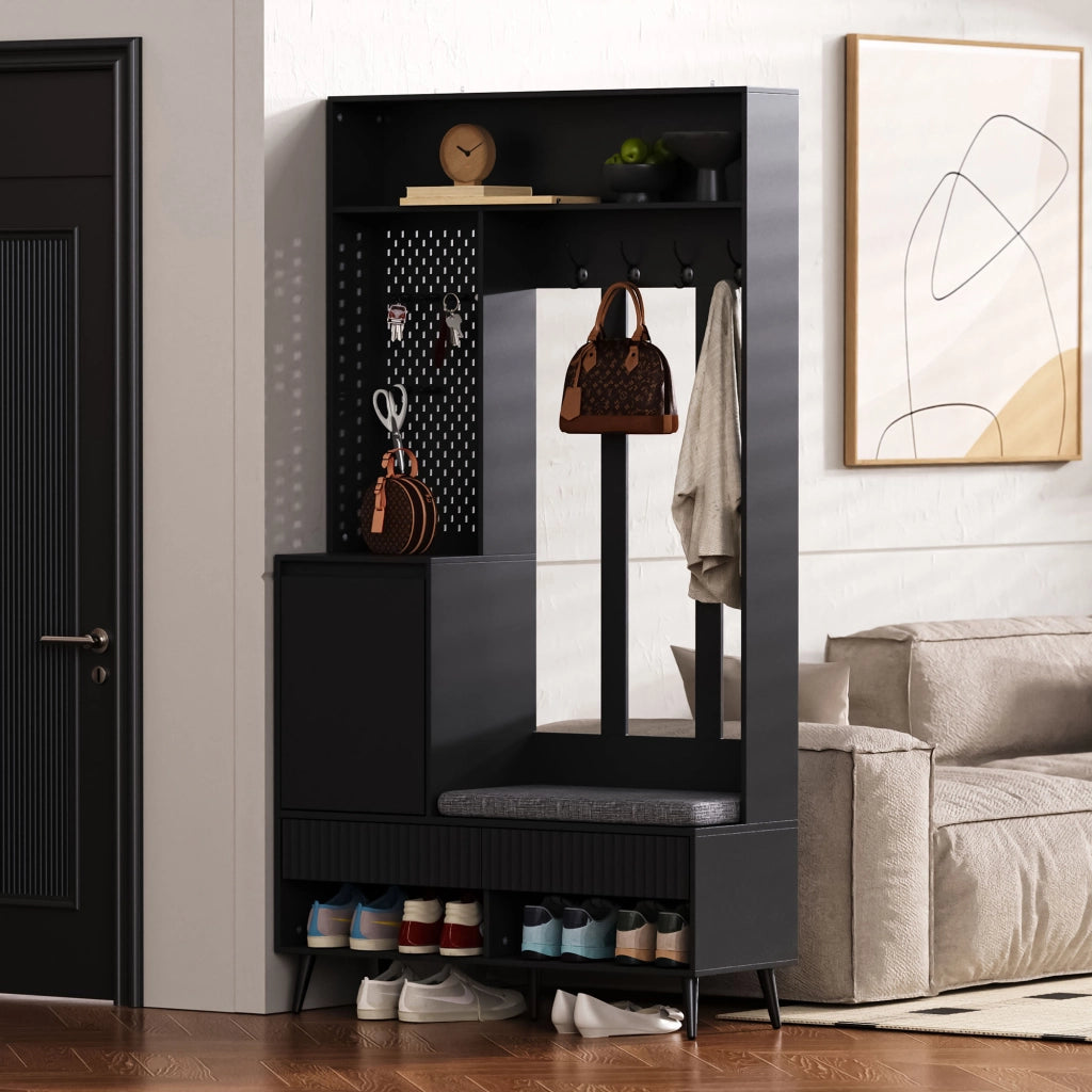 Mobile ingresso multifunzione con panca, 4 ganci, 2 cassetti e vano contenitore, nero, 100 x 35 x 180 cm