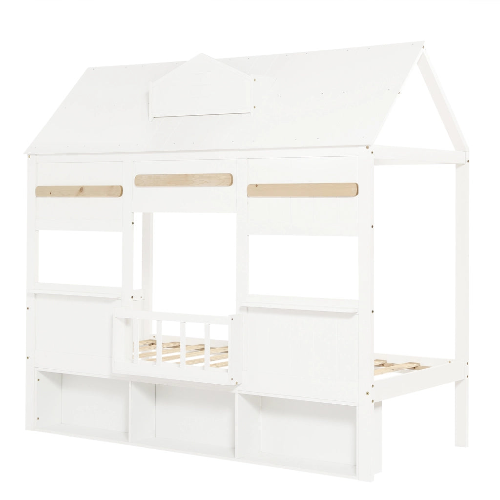 Letto a castello per bambini - Zephmum - Design a forma di casa, scaffale per libri, bianco, 90x200cm