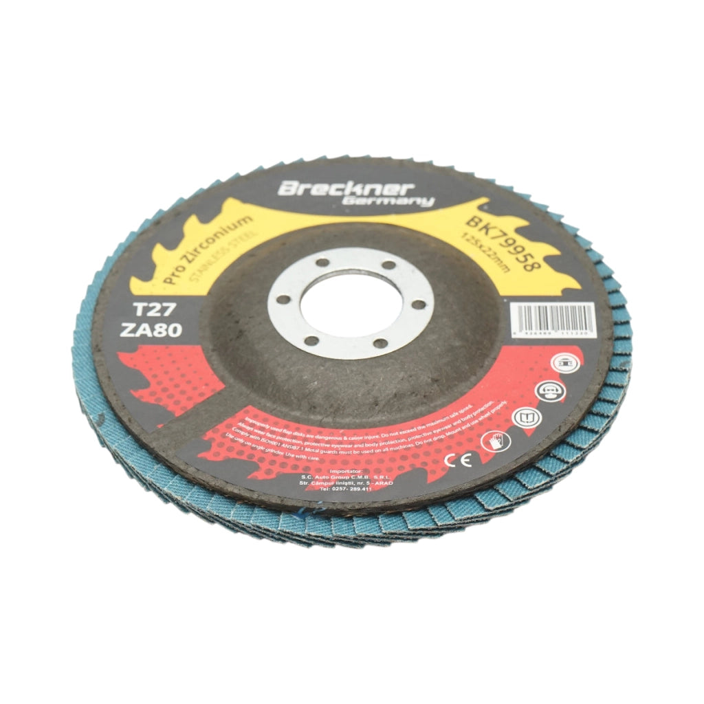 Disco lamellare abrasivo in zirconia T27 ZA80, 125x22mm per levigatura/lucidatura di metalli e acciaio inossidabile Breckner Germany