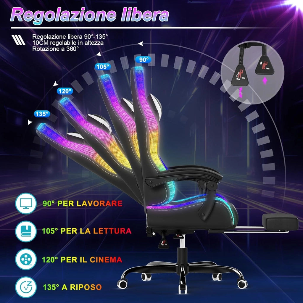 Sedia da Gaming con Massaggiante Schienale Regolabile 90-135°, Sedia Gaming con LED e Poggiapiedi Telescopico,Poltrona Gaming Ergonomica Portata 150 kg (Bianca)