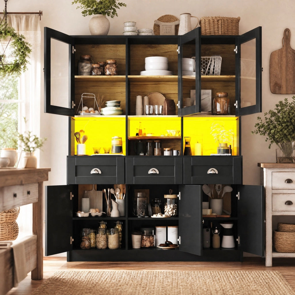 Dispensa alta con ripiani regolabili e LED controllabile tramite app in MDF nero con 3 cassetti 140 × 40 × 175 cm
