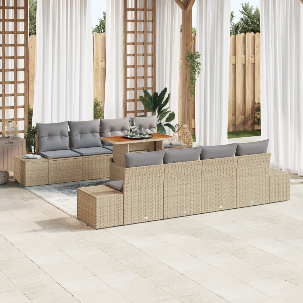 Set da Pranzo da Giardino 9 Pezzi con Cuscini Beige in Polirattan e Acacia