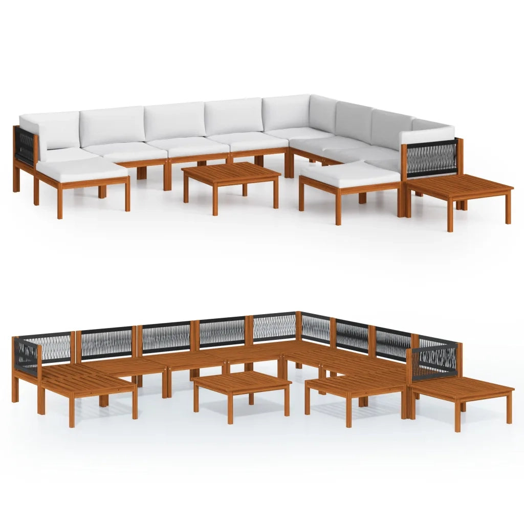 Set da giardino 12 pezzi con cuscini in legno crema, acacia e corda 3057895