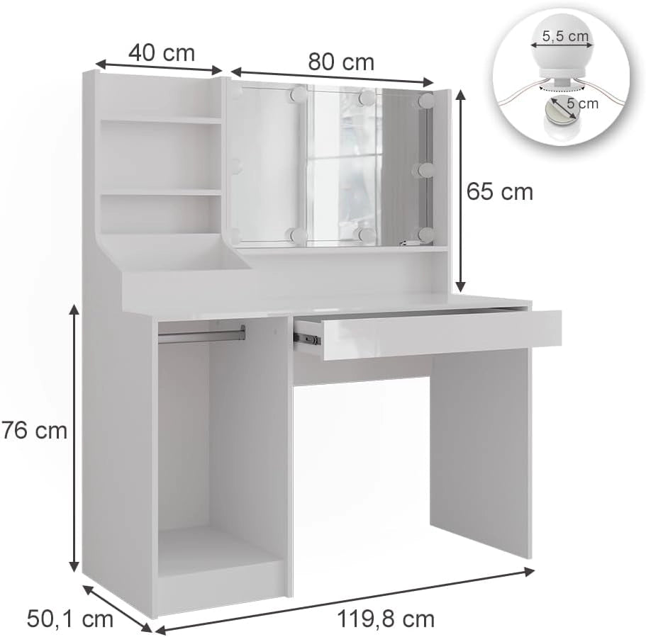 Tavolo da toeletta Sherry, Bianco/bianco lucido, 119.8 cm 4 parti
