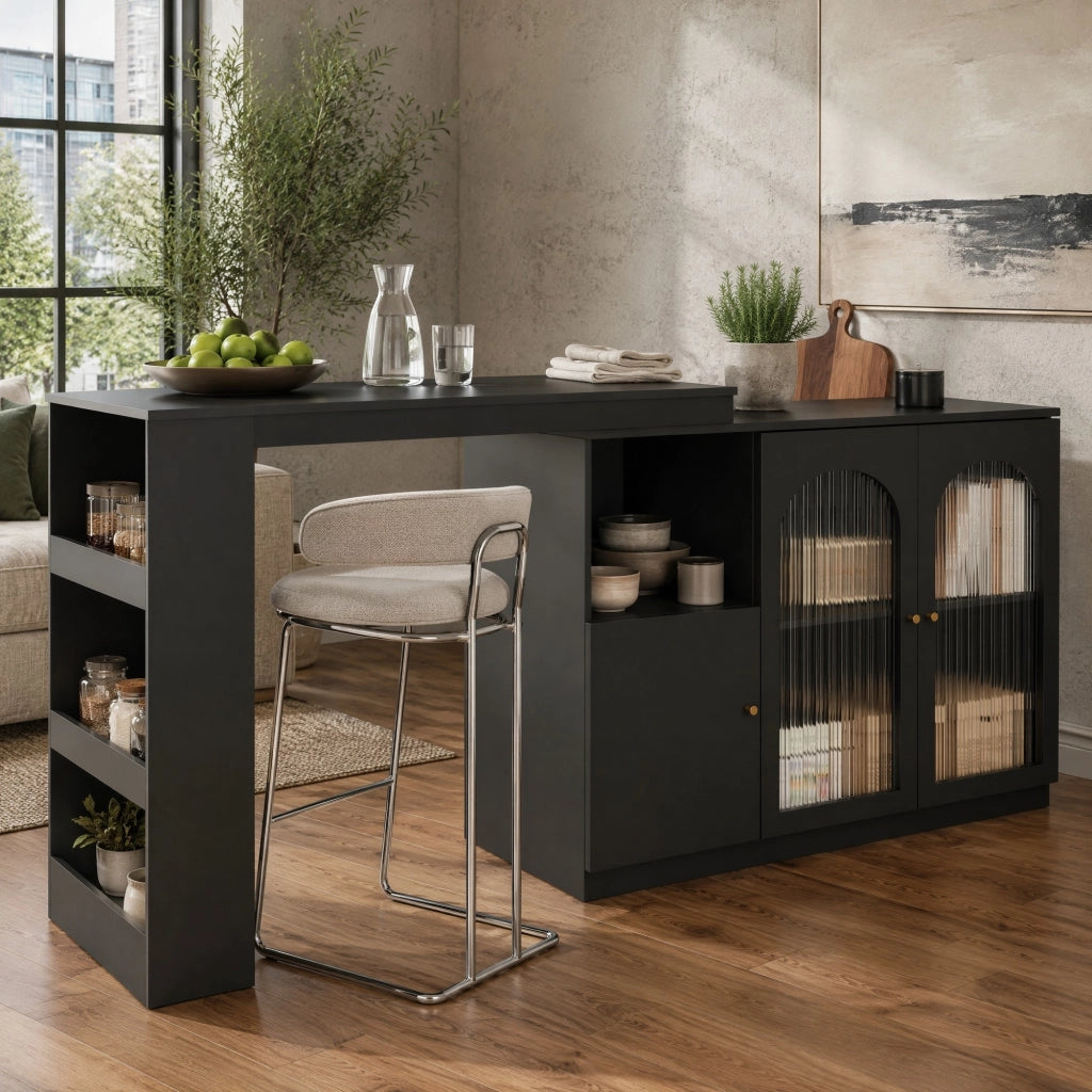 Mobile Bar con Anta in Vetro; Ripiani Aperti e Rotazione a 360°; per Cucina e Sala da Pranzo; in MDF; Nero