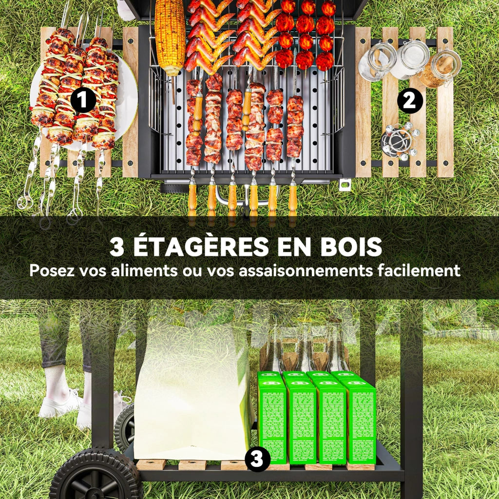 Barbecue carbone regolabile in altezza con griglia, coperchio, termometro, ripiani, ruote e apribottiglie ¨C zephmum ¨C nero