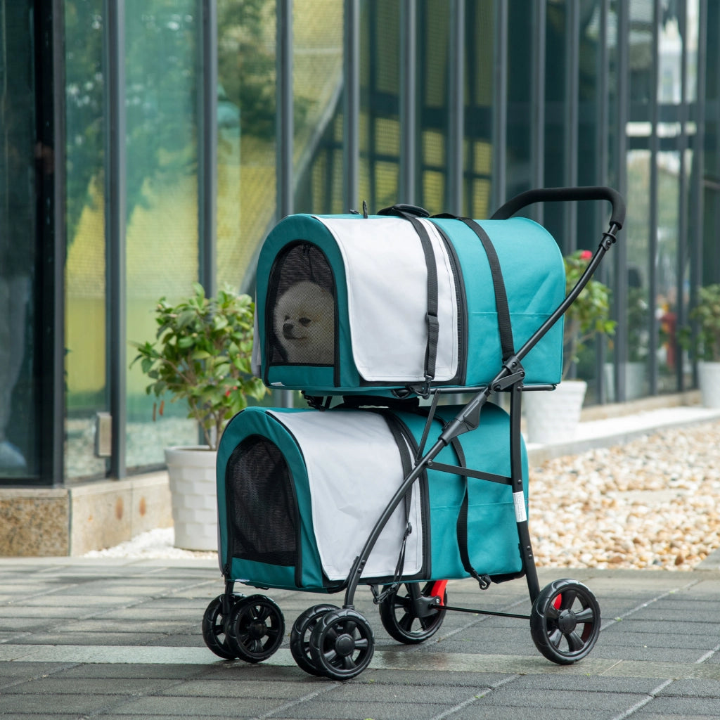 Passeggino Doppio per Animali Domestici ¨C Xylo ¨C Pieghevole con 2 Trasportini Rimovibili 66x50x98cm
