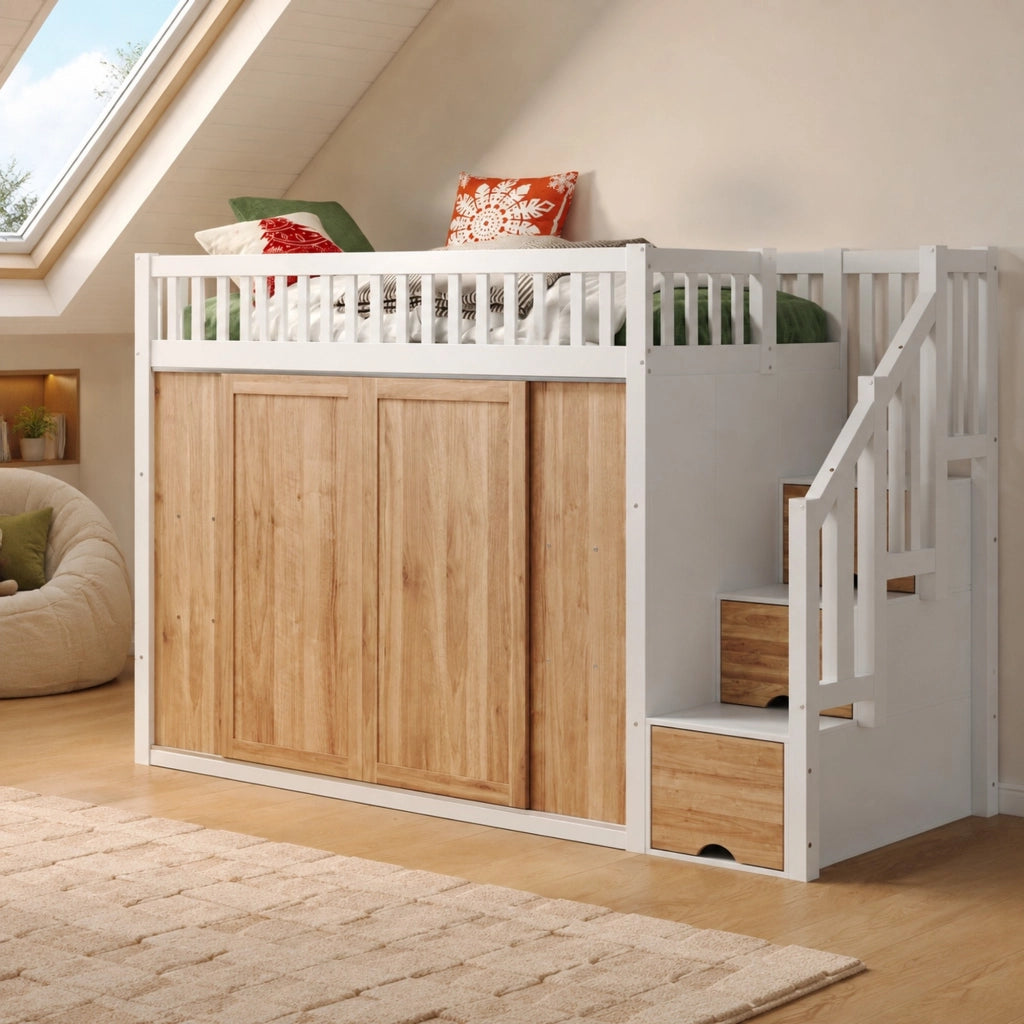 Letto a soppalco 90x200 cm con armadio, scala e luce multicolore
