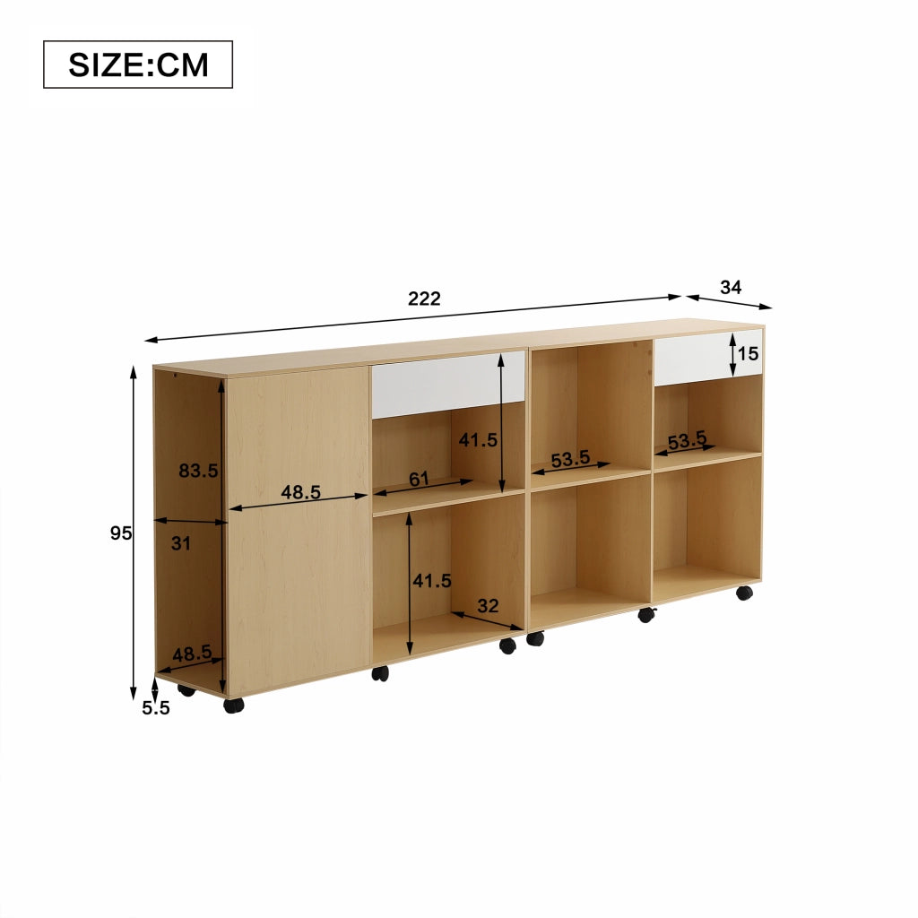 Mobile contenitore modulare con ripiani aperti e rotelle per soggiorno, camera e ufficio in MDF bianco e rovere chiaro