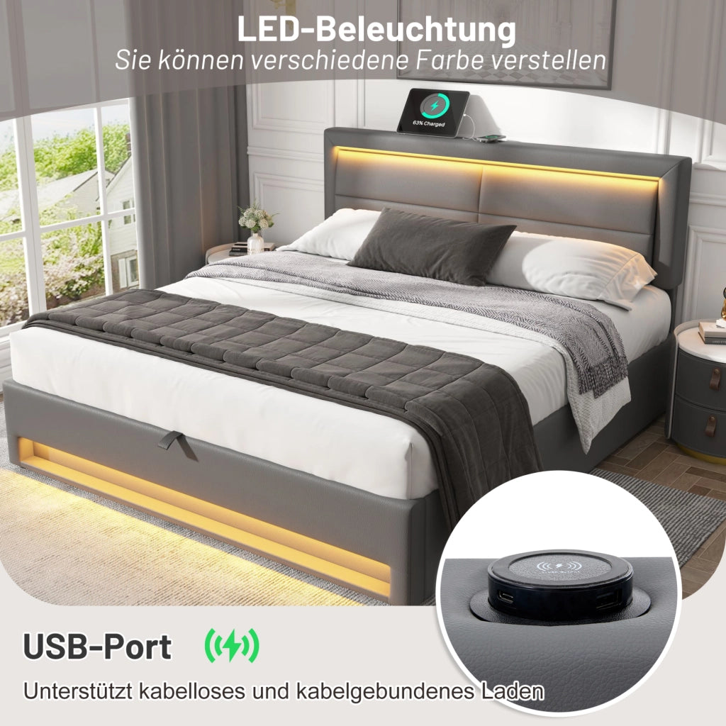 Letto imbottito 140x200 cm in PU grigio con LED e USB