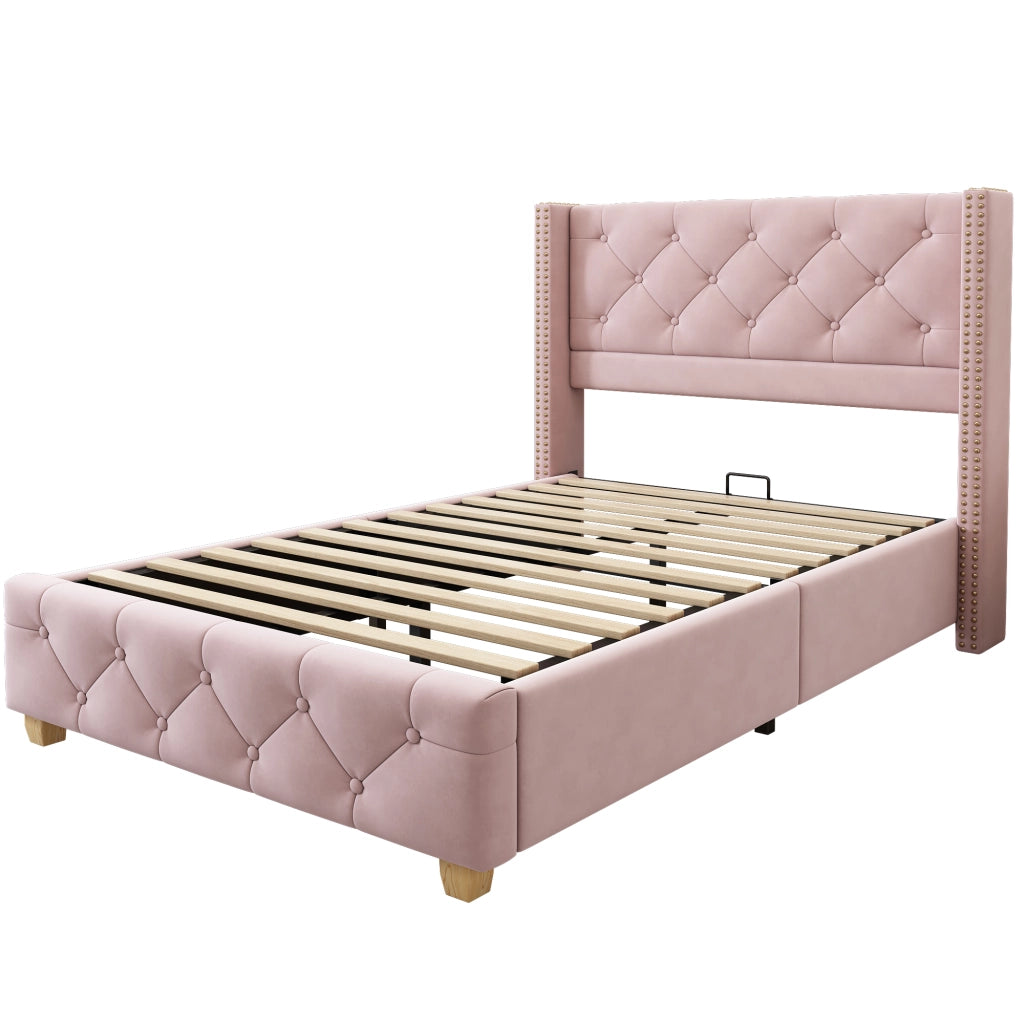 Letto Singolo 90×200 cm; 1 Posto con Testiera Imbottita e Borchie Decorative; senza Materasso; Velluto Rosa