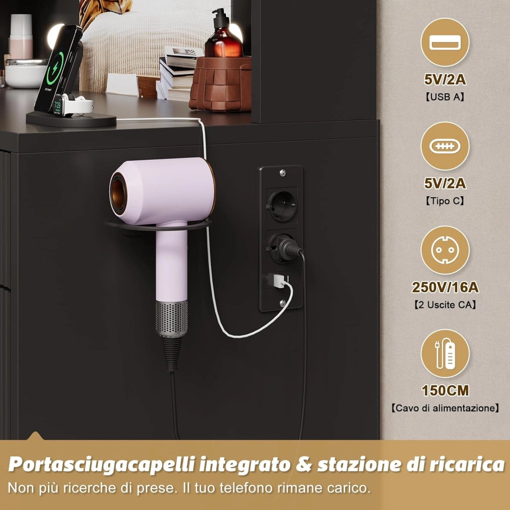 Mobile da Trucco Moderno con Illuminazione e Presa - Grande Comodino con Specchio, 9 Cassetti e Porta Phon, Tavolo Vanity per il Make-up (Nero)