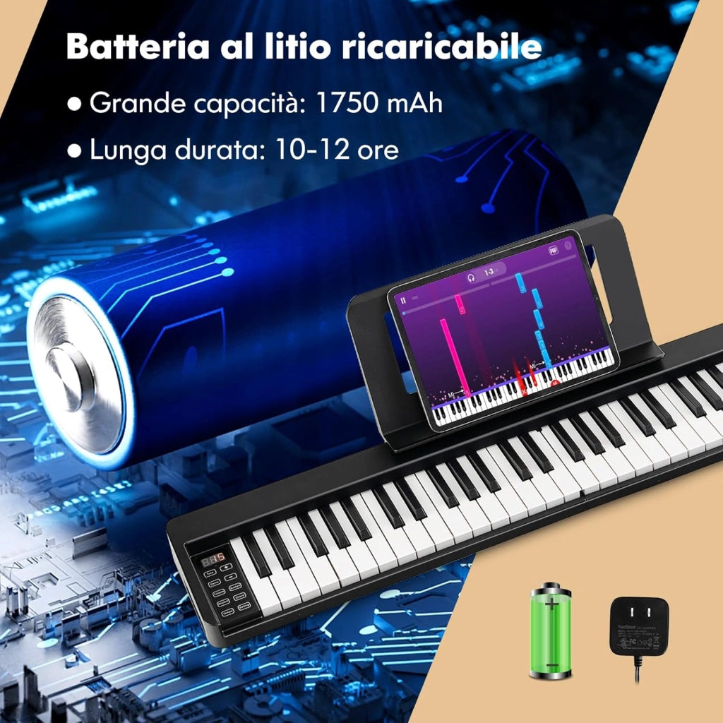Pianoforte Digitale Pieghevole 61 Tasti, Tastiera Elettronica Portatile, con Tasti a Grandezza Standard Leggio Pedale Sustain MIDI Bluetooth e Borsa, per Principianti Bambini Adulti, Nero