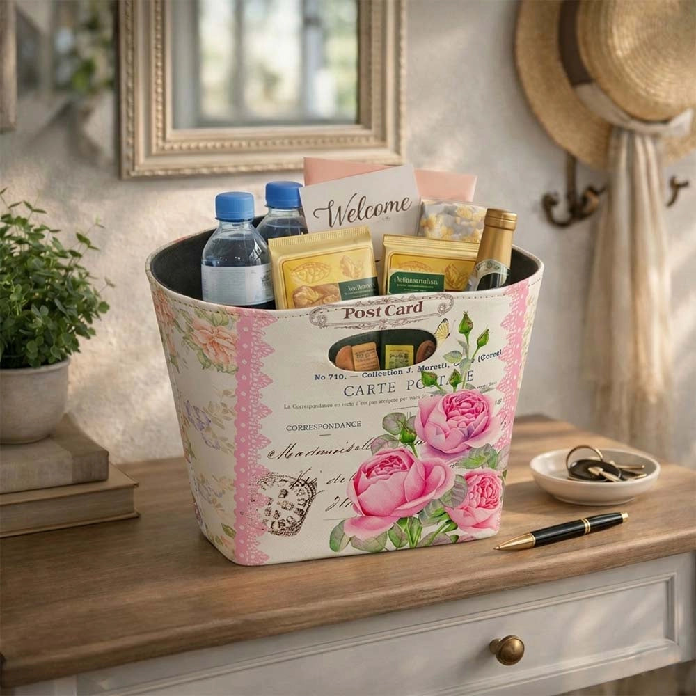 Borsetta Contenitore Flowers con manici fantasia rosa cm 28,5 x 11 x h 23,5