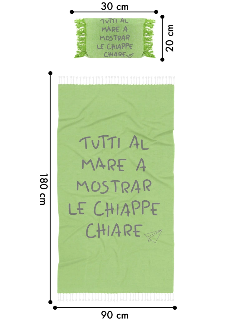 Telo Mare Con Frange Asciugamano Da Spiaggia Misura Grande 90x180 Cm Con Pochette Astuccio Assorbente In Morbido Cotone Leggero Stampa Tutti Al Mare AntiSabbia Lettino Vacanze Piscina Lime