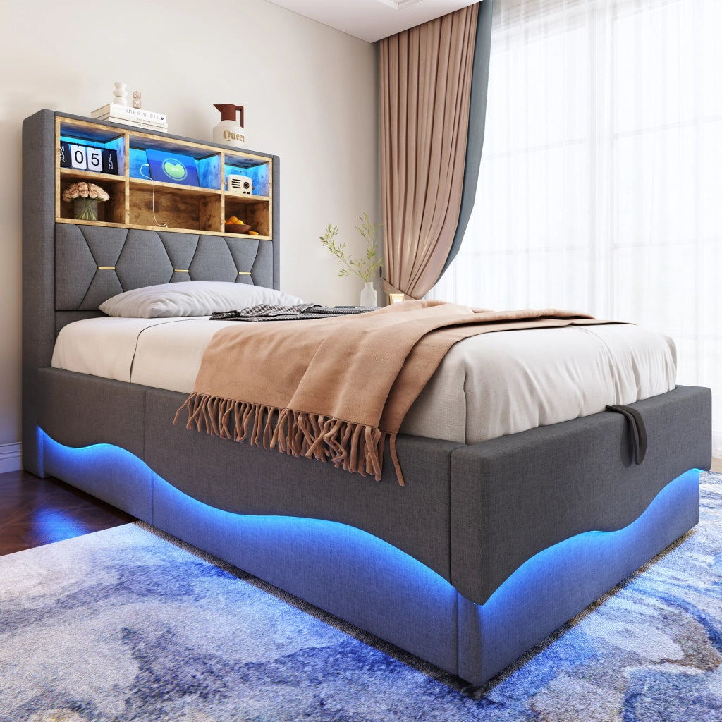 OKWISH Letto Bambini 90×200 cm, Letto Singolo con Contenitore Idraulico, LED con App, USB e Vano Portaoggetti, senza Materasso, Grigio
