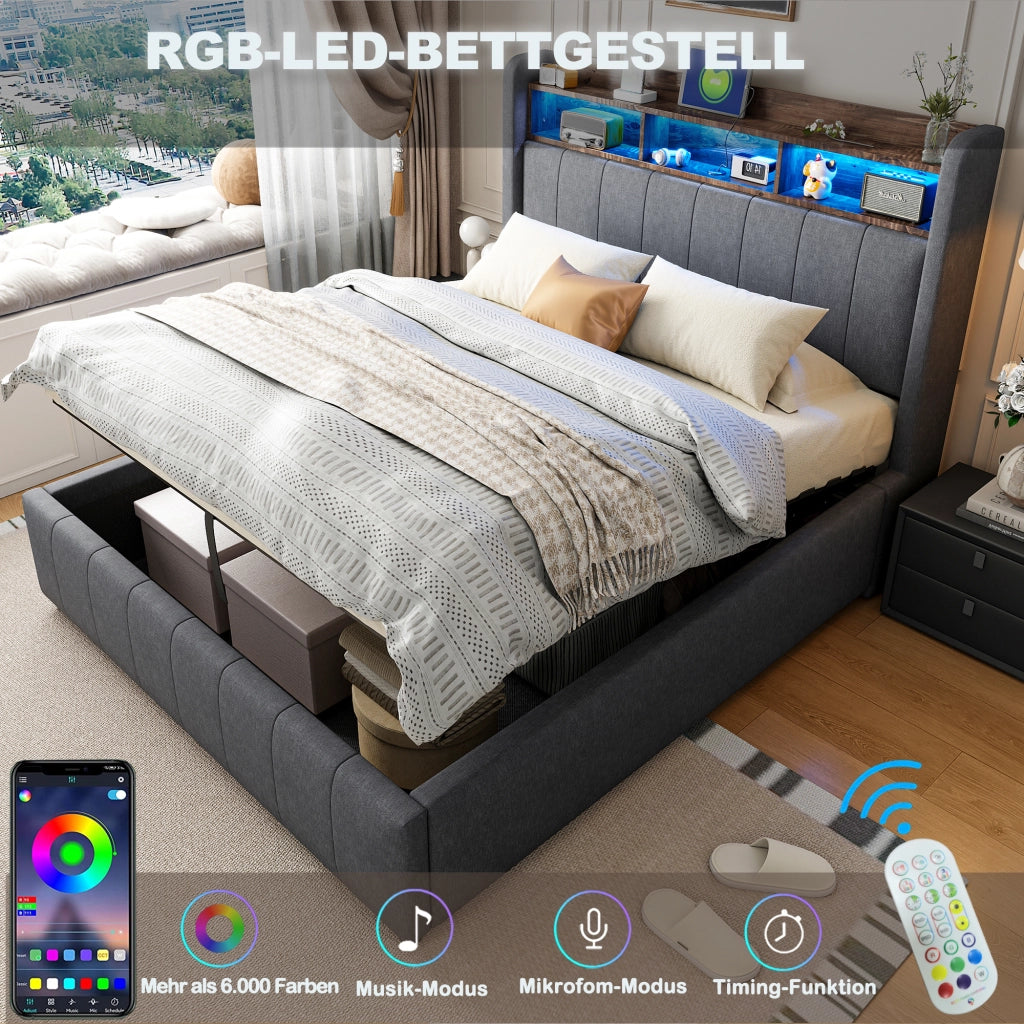 Letto Contenitore 140x200 cm con LED; USB e Type-C; Testiera con Mensole; Grigio