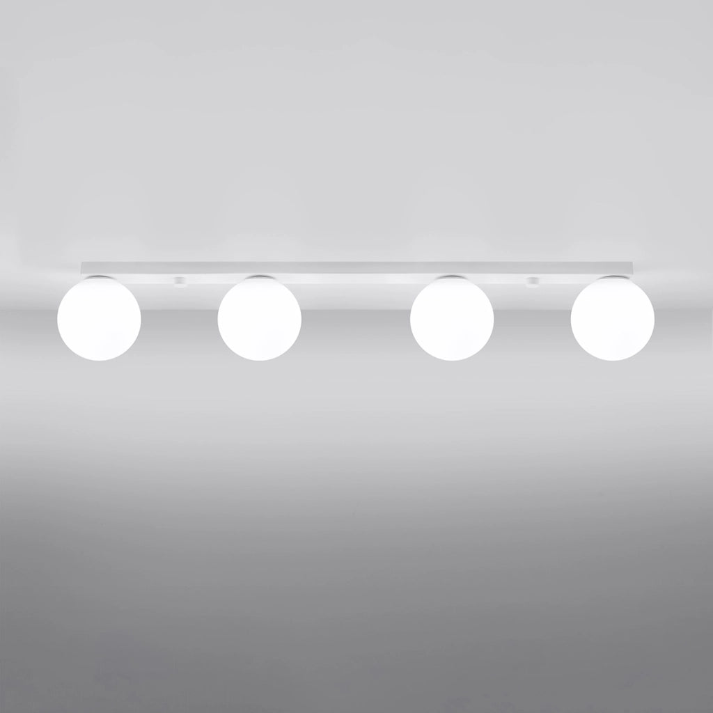 Lampada da soffitto YOLI a 4 luci in acciaio bianco e vetro, design moderno a sfera