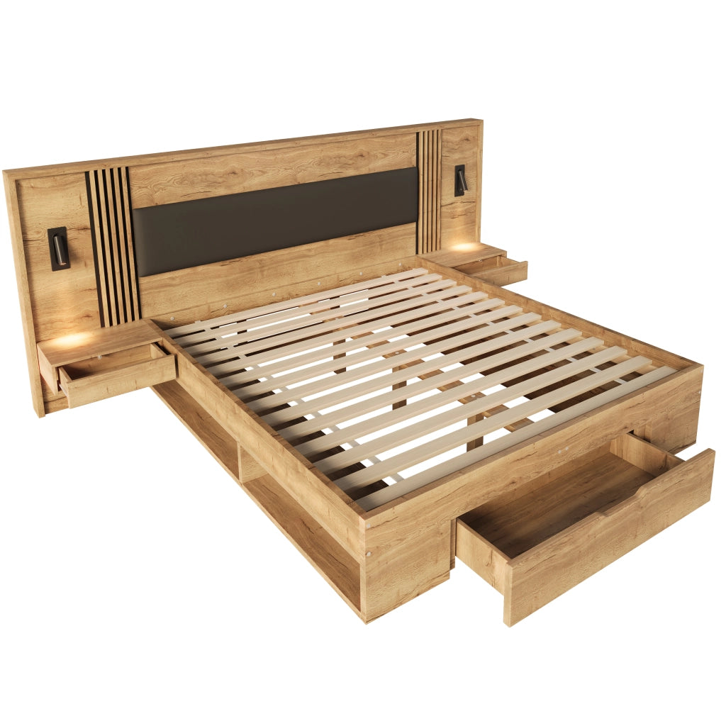 Letto Matrimoniale Contenitore con Cassetti e Comodini ¨C MINIMAL ¨C Legno Naturale 180x200