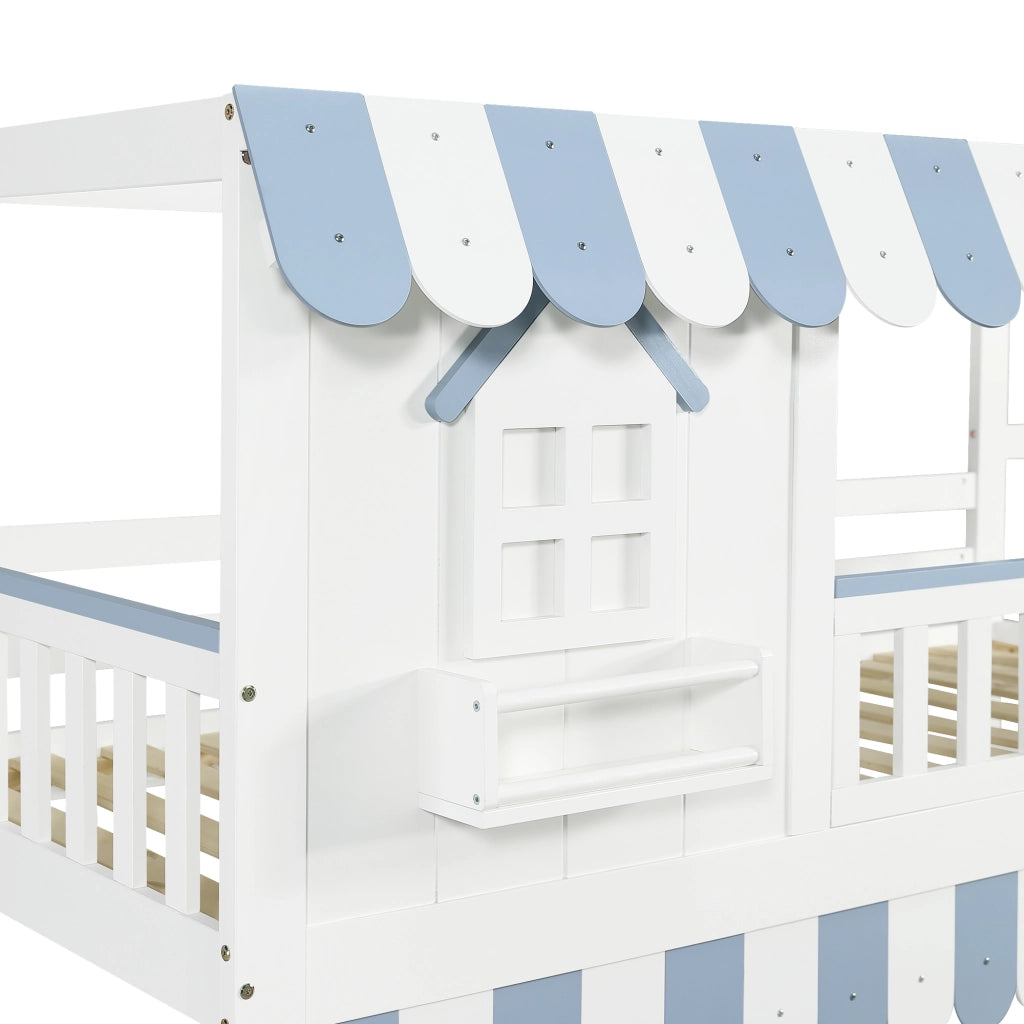 Letto a Castello 90 x 200 cm - Scala con Contenitore; Sponde e Spazio Sottoletto - Bianco e Blu