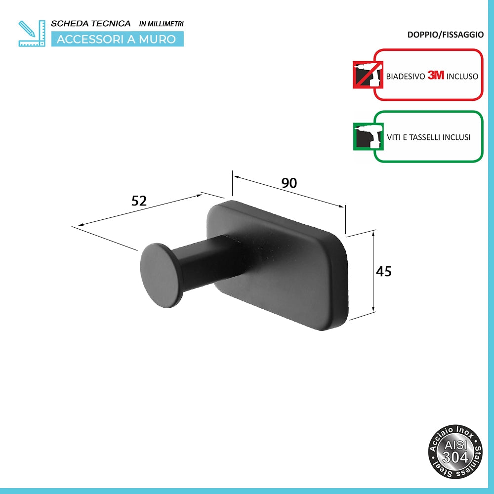 Set 2 appendini portasciugamani in acciaio inox nero con doppio fissaggio Cubik