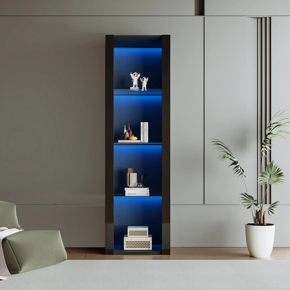 Vetrina con Illuminazione LED ¨C MINIMAL ¨C Nero Lucido, 3 Ripiani in Vetro, 55x38x166 cm