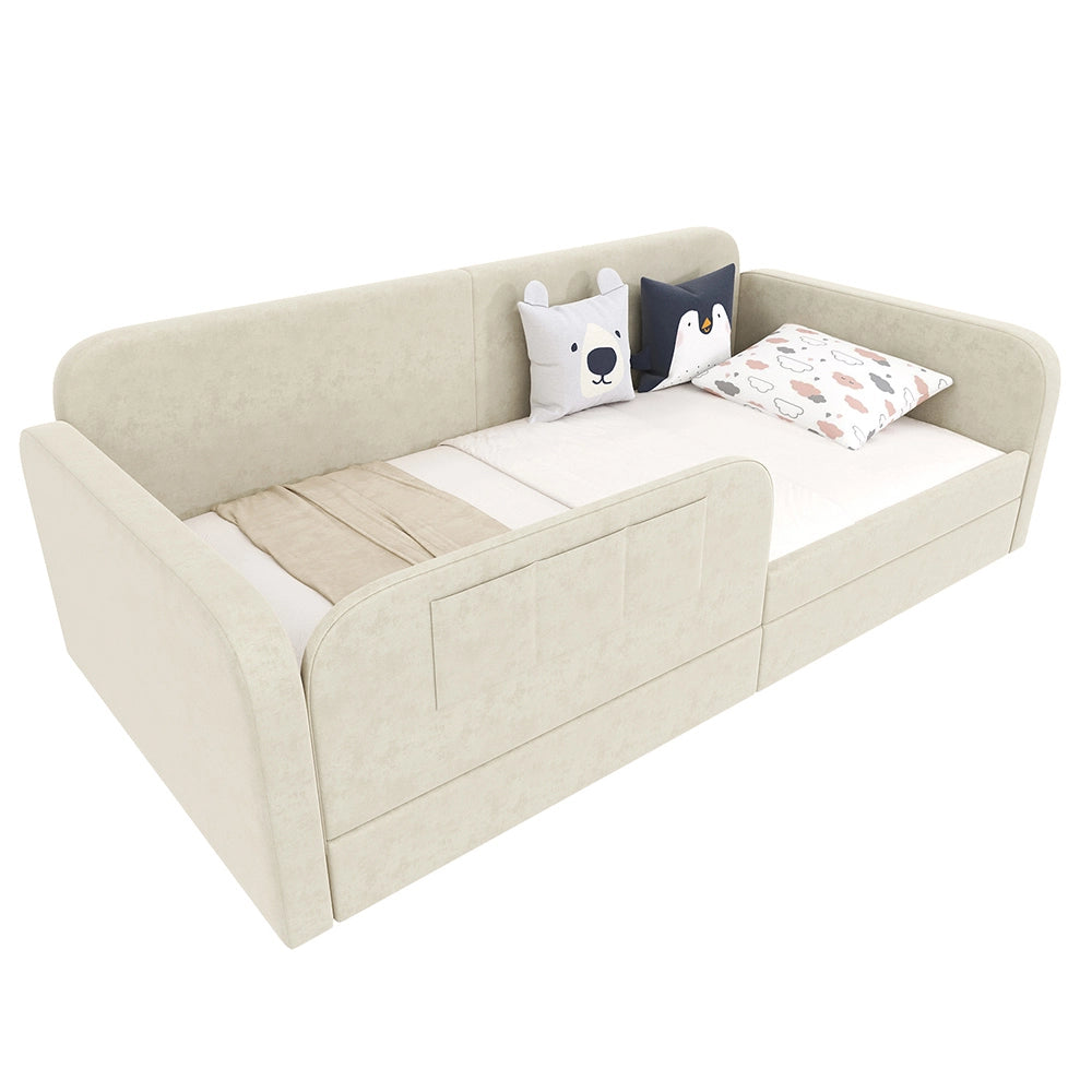 Letto bambino-Xylo-90x200 cm-3 sacchetti, 2 cassetti, velluto, MDF, bianco
