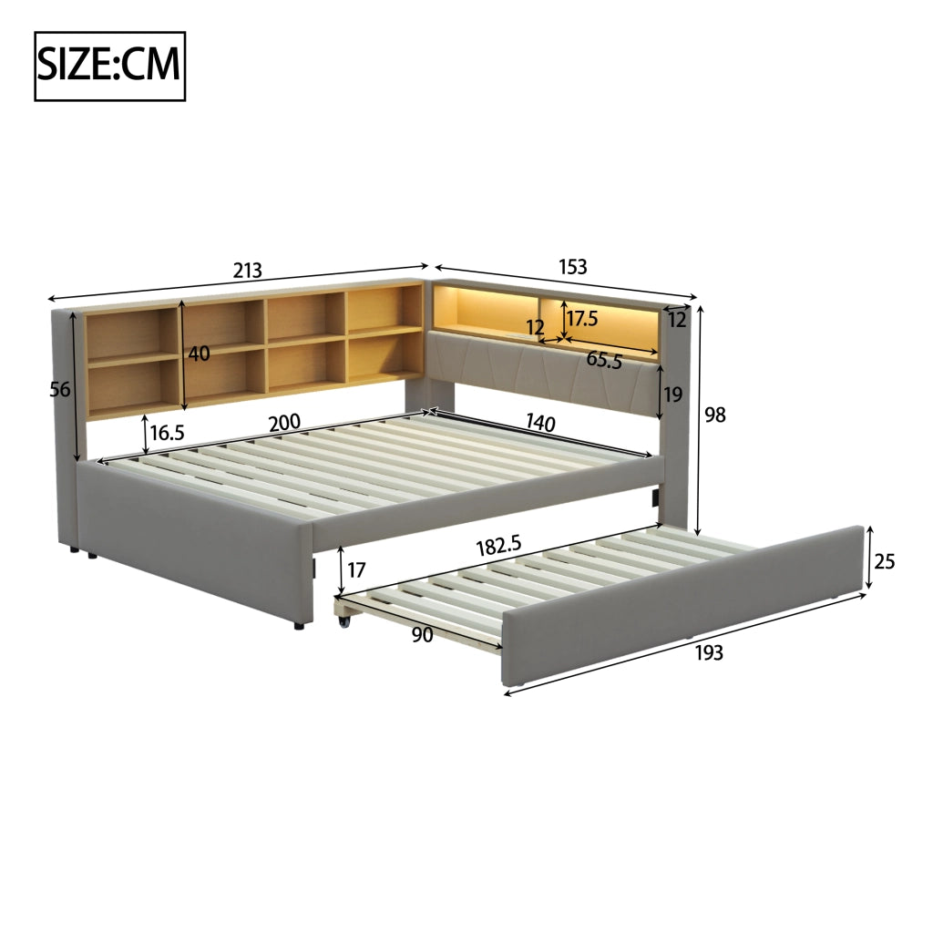 OKWISH Letto Divano 140×200 cm e 90×190 cm, Letto 2 Posti con LED, USB, Tipo C e VanI Portaoggetti, senza Materasso, in Flanella, Grigio Scuro