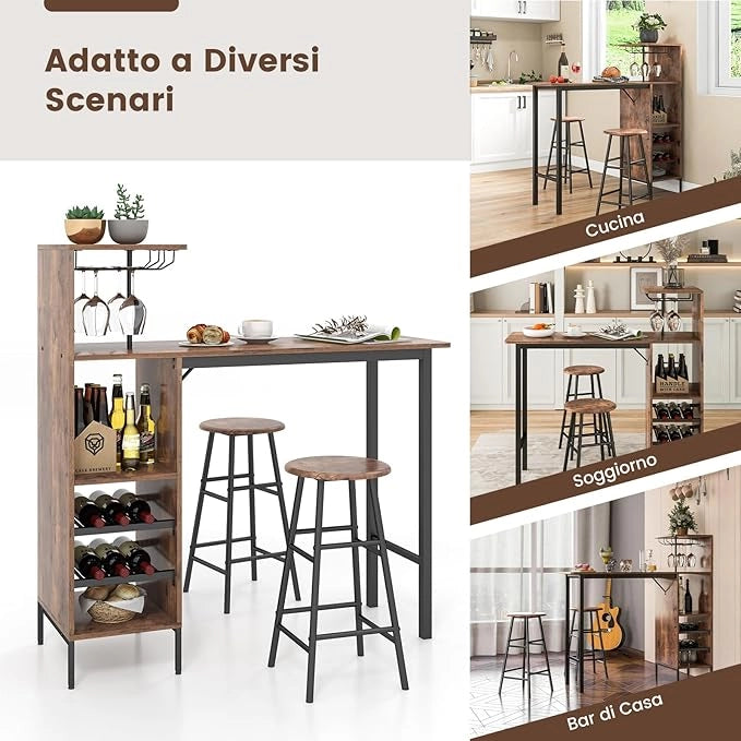 Set 3 Pezzi Tavolo e Sedie da Bar, Tavolo e Sgabelli da Pub Industriale con Porta Calici e 6 Portabottiglie da Vino, Set di Tavolo per Sala da Pranzo, Ristorante e Bar (Caffè)