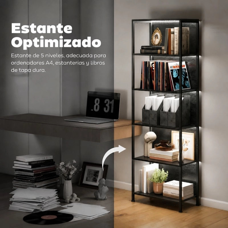 Libreria a 5 livelli 60x30x179 cm in legno e metallo nero con LED