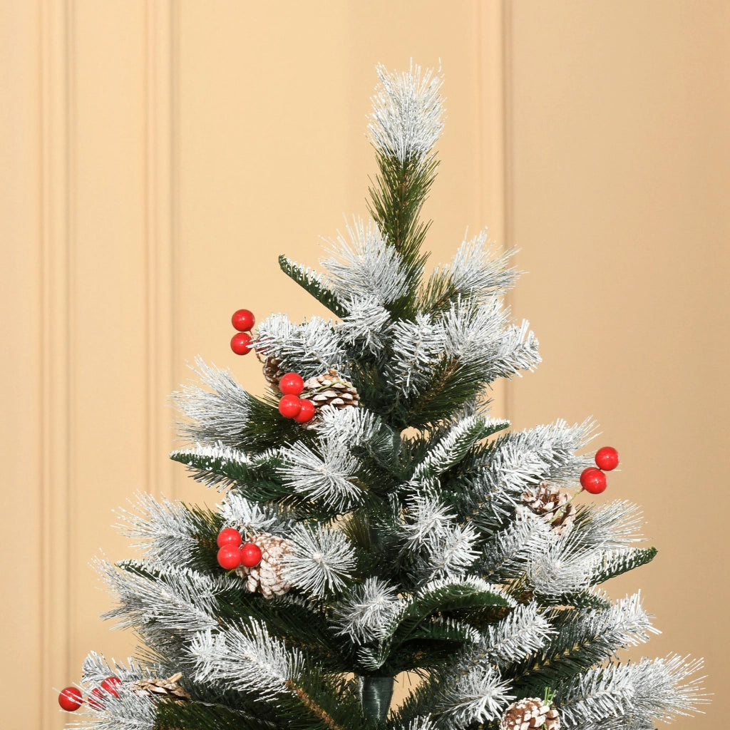 EasyComfort Albero di Natale Innevato 180cm con Bacche Rosse e Pigne Bianche, Base Rimovibile Pieghevole, 678 Rami, Verde
