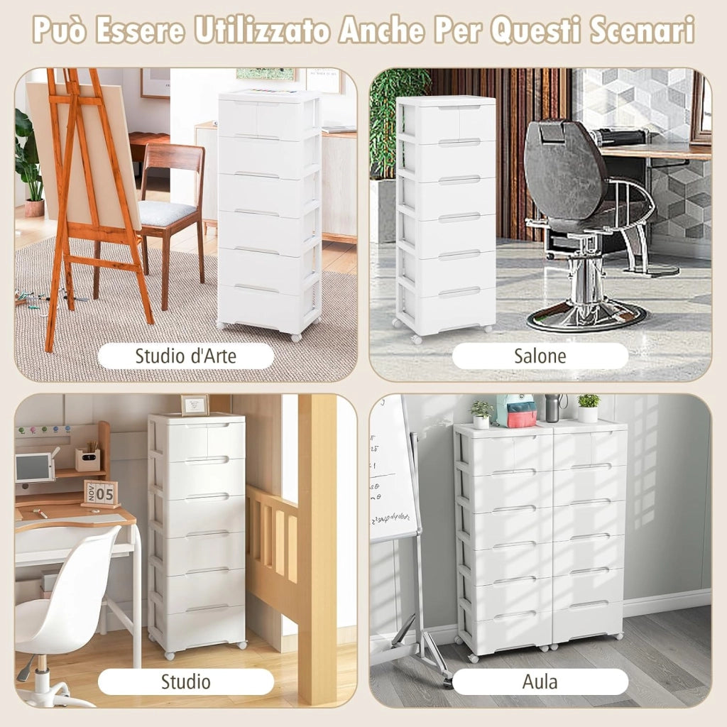 Cassettiera a 6 Cassetti, Comò Camera da Letto con Ruote Universali Bloccabili, Mobile Salvaspazio Moderno per Ufficio, Scrivania, Bagno e Cameretta, 40 x 32 x 114 cm
