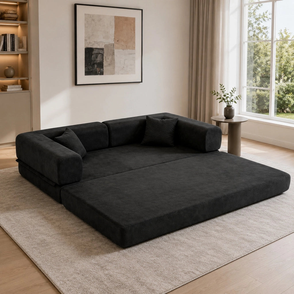 Divano Letto Convertible 3 Posti con Cuscini in Corduroy, Struttura Pieghevole, Nero