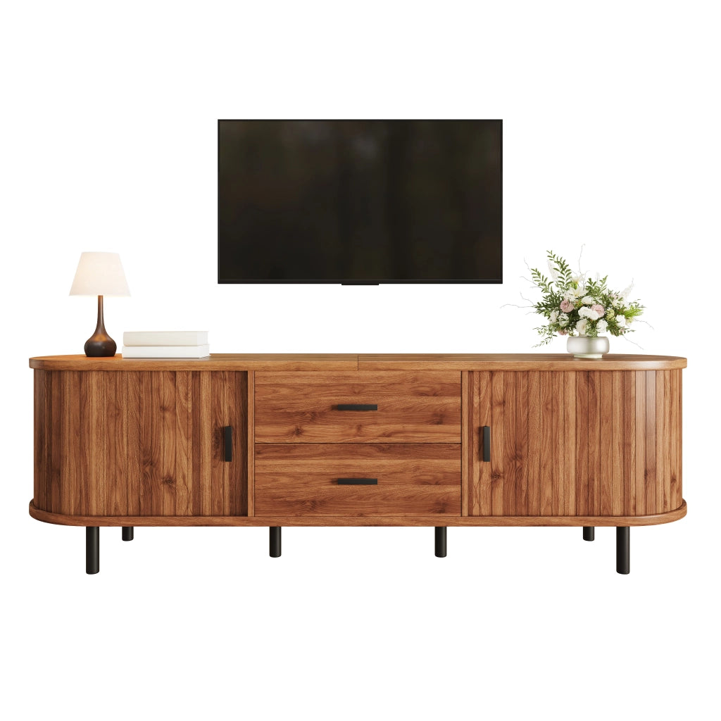 Mobile TV con 2 porte scorrevoli; 2 cassetti e 5 piedi in metallo; vani aperti; per soggiorno; 160 × 40 × 55 cm