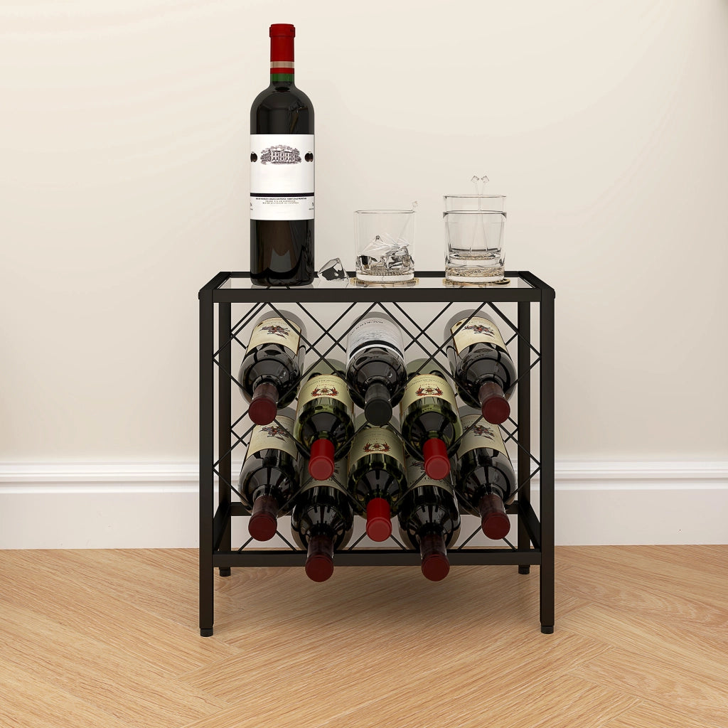 Portabottiglie Vini per 10 Bottiglie ¨C Zephmum ¨C Acciaio Nero con Piano Vetro Temperato 41x22x41 cm