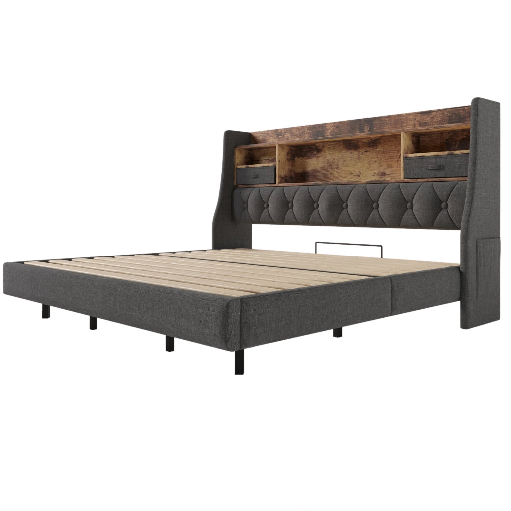 Letto Matrimoniale Sospeso 180x200 Grigio con LED; 3 USB; Type-C e Testiera Portaoggetti