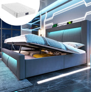 Letto matrimoniale 160x200 cm con contenitore; LED; USB e Type-C; velluto grigio; con materasso