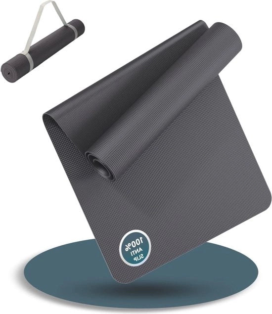 Mat di Yoga Antracite 180x60cm con Cinturino di Trasporto - Mat di Ginnastica Antiscivolo Extra - Mat di Fitness per Allenamento e Yoga a casa