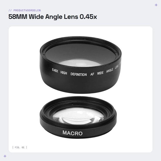 Obiettivo Macrolens 0,45X - Adatto per obiettivi 58 mm - Lega di alluminio - Vetro ottico - Incluso supporto per obiettivi - Peso ridotto 163g - Obiettivo per fotocamera