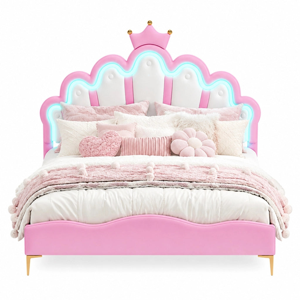 Letto matrimoniale 140x200 cm con testiera a corona, illuminazione LED e rivestimento in PU rosa